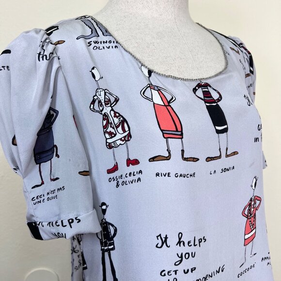 MOSCHINO 100% Silk Gray Cartoon Print Short Sleeve Shift Dress Size 4 - Picture 2 of 12